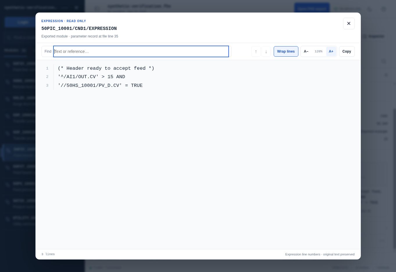 Actual application: the dedicated reader preserves the condition text and shows expression line numbers. The header identifies the module, parameter, and value origin.