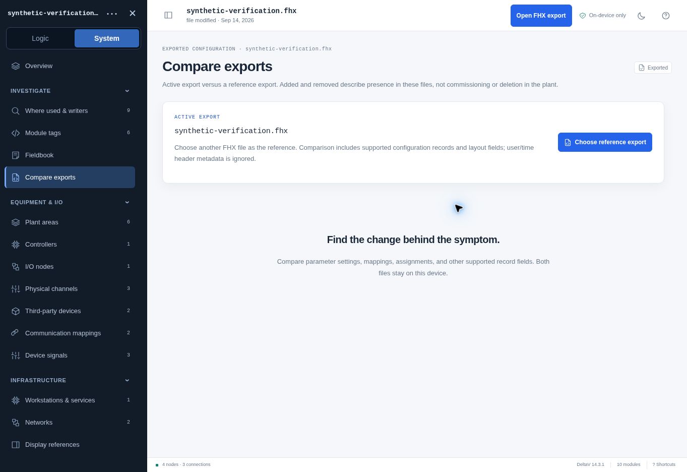 Actual application: comparison begins with the active export and a separately selected reference export. This capture shows setup, not a completed comparison result.